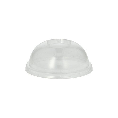 Le PAPSTAR 100 couvercles Dom, PLA « pure », ronds, Ø 9,5 cm x 4,5 cm, transparents comme du verre, les PAPSTAR GmbH est un couvercle transparent à ouverture centrale destiné à l'emballage des denrées alimentaires, représenté sur un fond blanc uni.