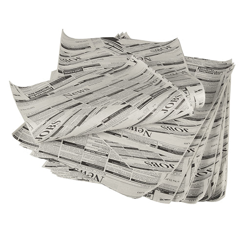 Une pile PAPSTAR Papier d'emballage, substitut de parchemin, 35 cm x 25 cm, résistant à la graisse, de la PAPSTAR GmbH, présenté de manière désordonnée avec les mentions « NEWS » et « JOBS » en noir sur des feuilles blanches.