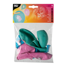 Un emballage en plastique transparent avec six ballons colorés (Ø 29 cm) de PAPSTAR GmbH avec impression de licorne. L'étiquette supérieure affiche «PAPSTAR» ainsi que des images de ballons et de personnes souriantes. Disponible en bleu, vert et rose.