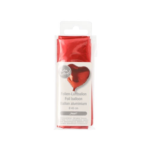 Le ballon en aluminium en forme de cœur rouge PAPSTAR (Ø 45 cm) est livré debout dans un sac transparent avec des informations en allemand, anglais et français - idéal pour un mariage ou la Saint-Valentin. Marque : PAPSTAR GmbH.