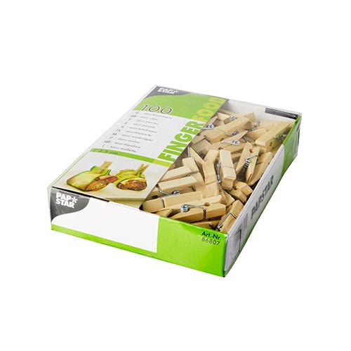 Une boîte vert et blanc de PAPSTAR GmbH contient 100 mini-pinces en bois (3,5 cm) dans une boîte en carton, avec une fenêtre transparente montrant les pinces - idéal pour les projets de bricolage ou les applications créatives.