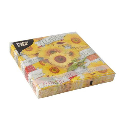 Un paquet de PAPSTAR 20 serviettes, 33 cm x 33 cm, 3 plis, Design Set 1 montre un motif de tournesol avec "Classic Edition" et "Flowers" sur l'emballage. La marque PAPSTAR GmbH est illustrée en haut à gauche.
