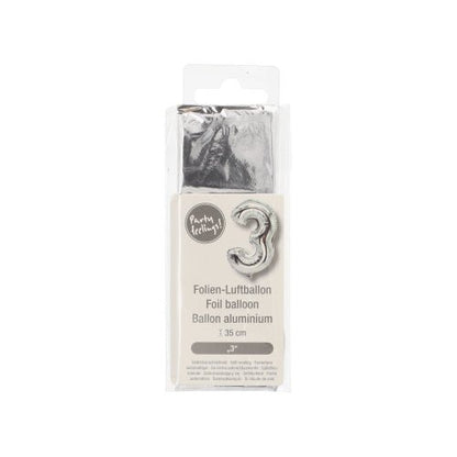 Le ballon en aluminium de PAPSTAR GmbH mesurant 35 x 20 cm en argent est emballé dans un film transparent et muni d'une étiquette beige avec des détails de produit et des décorations en allemand, anglais et français.