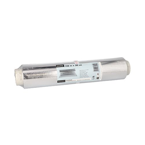 Un rouleau de papier d'aluminium Starpak en vrac de Starpak avec une étiquette blanche au format 150 m x 30 cm. Idéal pour l'emballage alimentaire. Le film est partiellement déroulé, mais l'emballage reste intact.