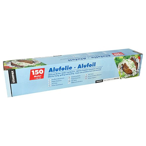 Une boîte rectangulaire de papier d'aluminium Starpak en vrac, avec une étiquette rouge "150 mètres" et des images d'aliments sur le côté droit, idéale pour l'emballage des aliments, est livrée dans un emballage bleu avec l'inscription "Papier d'aluminium · Aluminiumfoil". Marque : Starpak.