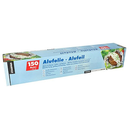 Une boîte rectangulaire de papier d'aluminium Starpak en vrac, avec une étiquette rouge "150 mètres" et des images d'aliments sur le côté droit, idéale pour l'emballage des aliments, est livrée dans un emballage bleu avec l'inscription "Papier d'aluminium · Aluminiumfoil". Marque : Starpak.