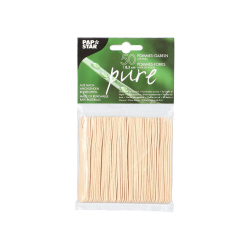 Un pack de 50 PAPSTAR fourchettes à frites en bois "pure", 8,5 cm, de PAPSTAR GmbH est visible dans un sac transparent avec une étiquette verte et blanche et des informations sur le produit.