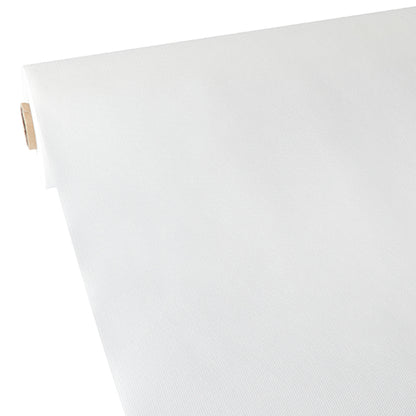 La nappe Starpak, en non-tissé semblable à du tissu « soft selection » (40 m x 1,18 m) en blanc est partiellement déroulée, montrée avec sa structure lisse et légère et le noyau en carton visible.