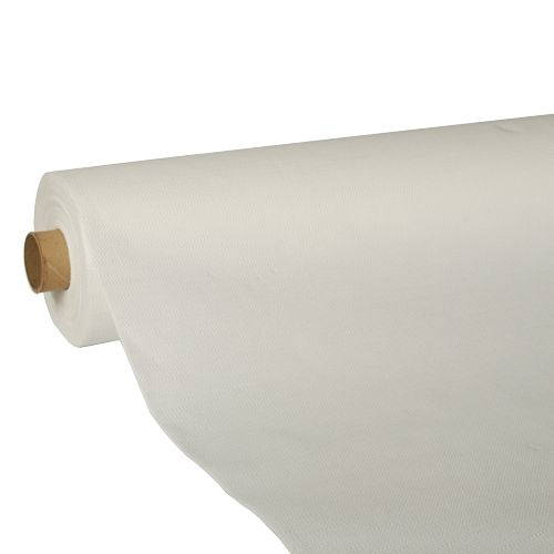 Un grand rouleau PAPSTAR de nappe "ROYAL Collection", blanc, 25 m x 1,18 m de la PAPSTAR GmbH est partiellement déroulé et montre sa surface blanche impeccable, sans motif, et le tube central en carton.