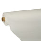 Un grand rouleau PAPSTAR de nappe "ROYAL Collection", blanc, 25 m x 1,18 m de la PAPSTAR GmbH est partiellement déroulé et montre sa surface blanche impeccable, sans motif, et le tube central en carton.