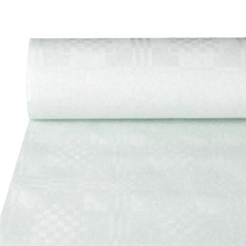 Un rouleau de nappe en papier PAPSTAR GmbH avec gaufrage damassé, blanc, long de 50 m (1 rouleau) est partiellement déroulé sur une surface et montre son motif à carreaux fin.