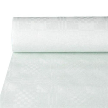 Un rouleau de nappe en papier PAPSTAR GmbH avec gaufrage damassé, blanc, long de 50 m (1 rouleau) est partiellement déroulé sur une surface et montre son motif à carreaux fin.