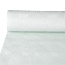 La nappe en papier avec gaufrage damassé en blanc (50 m x 0,8 m, 1 rouleau) de PAPSTAR GmbH présente son motif discret - parfait pour une décoration de table élégante.