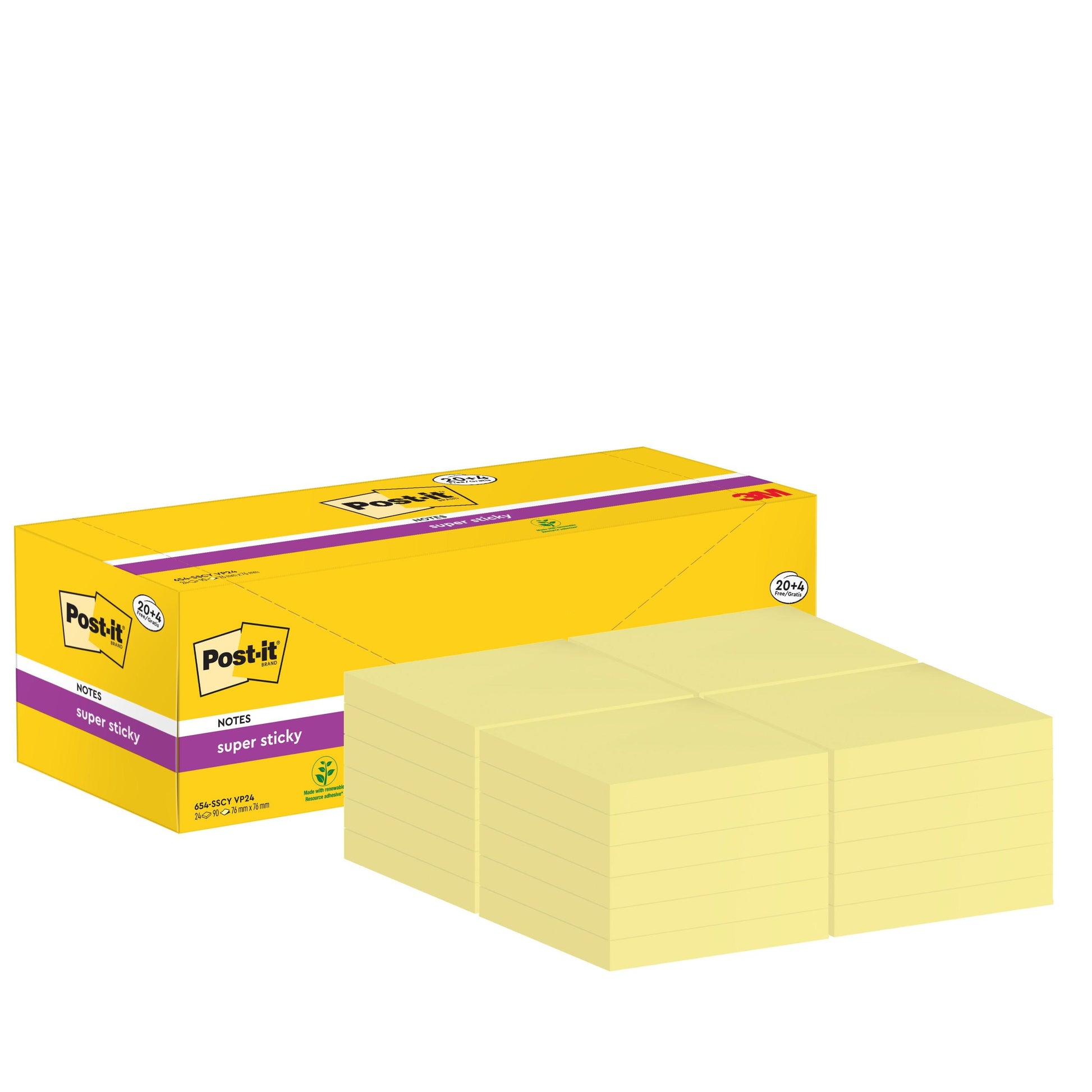 Eine gelbe Schachtel Post-it® Super Sticky Notes, 76 mm x 76 mm, 90 Blatt/Block, von 3M Deutschland GmbH wird neben Stapeln von quadratischen Haftnotizen gezeigt. Auf der Verpackung sind das Post-it- und das 3M-Logo zu sehen. 100% PEFC-zertifiziert.