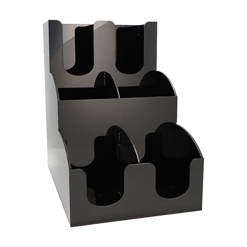 Le distributeur Starpak pour gobelets et couvercles "To Go" est un organiseur en acrylique noir à trois niveaux avec six compartiments ouverts en deux colonnes - parfait pour présenter et distribuer de manière ordonnée des gobelets, couvercles, brochures ou prospectus.