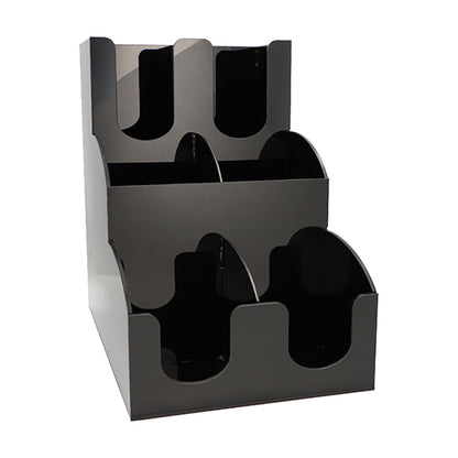 Le distributeur Starpak pour gobelets et couvercles "To Go" est un organiseur en acrylique noir à trois niveaux avec six compartiments ouverts en deux colonnes - parfait pour présenter et distribuer de manière ordonnée des gobelets, couvercles, brochures ou prospectus.