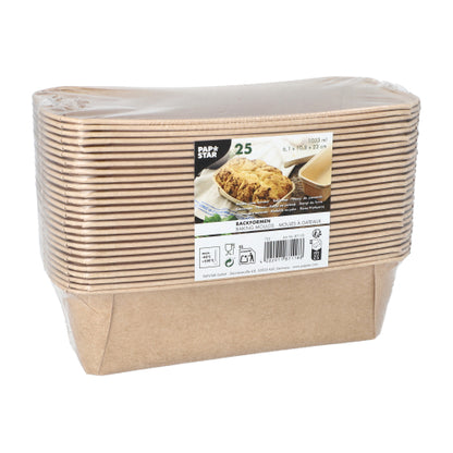Une pile de PAPSTAR 25 moules à pâtisserie « pure » rectangulaires marron de PAPSTAR GmbH, emballée dans un film transparent. L'étiquette montre les détails du produit et une illustration des produits de boulangerie.