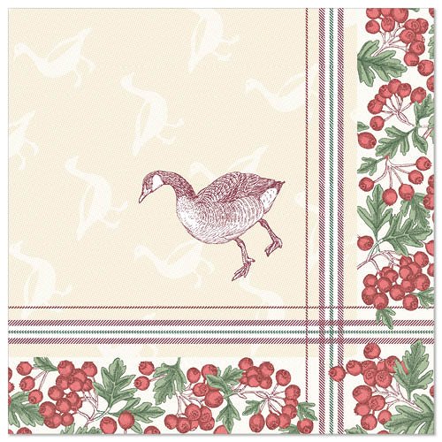 Les PAPSTAR 50 serviettes "ROYAL Collection" de la PAPSTAR GmbH présentent un croquis d'oie au centre, une bordure à carreaux, des grappes de baies rouges avec des feuilles vertes sur le bord et des silhouettes d'oies discrètes en arrière-plan (40 x 40 cm, 1/4 plié).