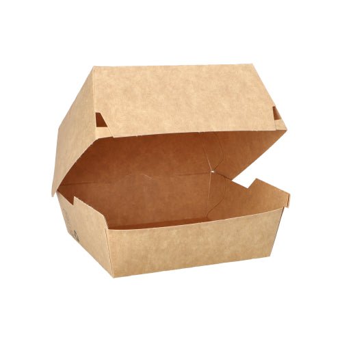 La PAPSTAR 80 boîtes à hamburgers de la PAPSTAR La GmbH propose des boîtes en carton marron (« 100 % Fair »), représentées ouvertes et vides sur fond blanc – idéales pour les restaurants écologiques à la recherche de boîtes à hamburgers durables.