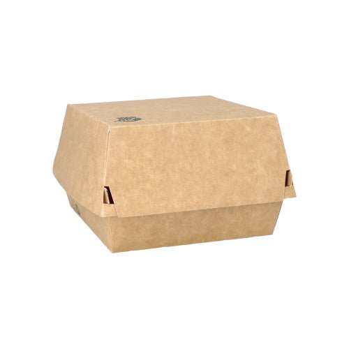 La photo représente une PAPSTAR 80 boîtes à hamburger « 100 % équitables » en carton de la PAPSTAR GmbH, dotée d'un couvercle rabattable et de côtés inclinés, constitue une option durable idéale pour les établissements de restauration respectueux de l'environnement.
