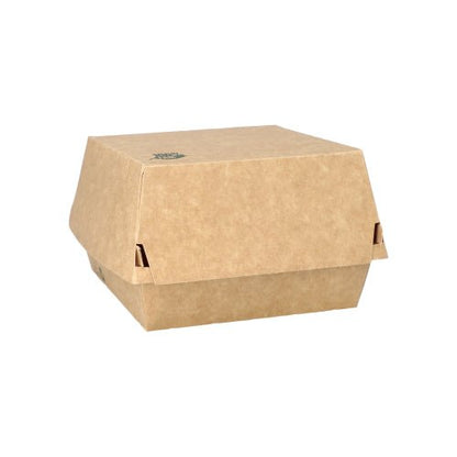 La photo représente une PAPSTAR 80 boîtes à hamburger « 100 % équitables » en carton de la PAPSTAR GmbH, dotée d'un couvercle rabattable et de côtés inclinés, constitue une option durable idéale pour les établissements de restauration respectueux de l'environnement.