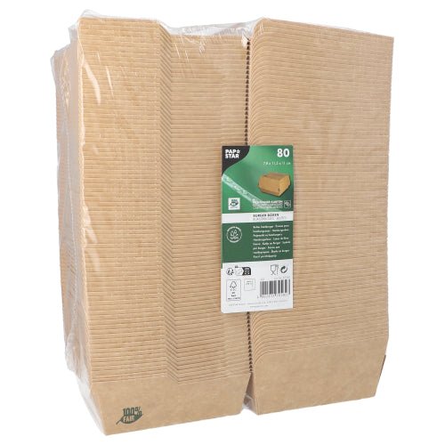 Une boîte de 80 PAPSTAR Boîtes à hamburgers 100 % équitables, emballées sous film plastique, contenants alimentaires en carton brun avec une étiquette verte et blanche ; ces boîtes écologiques de la PAPSTAR Les produits de la société GmbH sont d'origine végétale et respectueux de l'environnement.