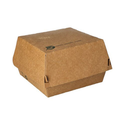 La PAPSTAR 80 boîtes à hamburger en carton brun « 100 % équitable » de PAPSTAR Les produits de la société GmbH sont des récipients alimentaires rectangulaires respectueux de l'environnement, dotés d'un couvercle rabattable et de languettes – idéaux pour les établissements de restauration engagés dans le développement durable.