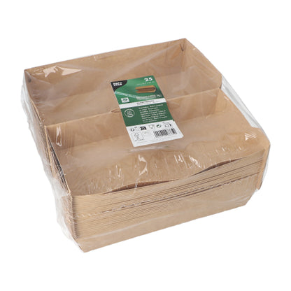 Une pile de boîtes à baguettes brunes PAPSTAR "pure" (7,5 x 10,7 x 22 cm) de PAPSTAR GmbH est emballée dans du plastique transparent ; l'étiquette supérieure pour 25 plateaux affiche un branding vert-blanc, des symboles de recyclage et le message écologique "100% Équitable | Film".