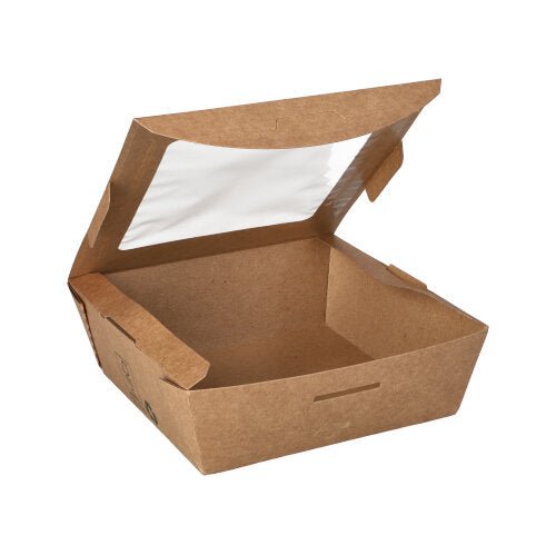 Une boîte à délices rectangulaire marron PAPSTAR (650 ml) avec une fenêtre transparente, un couvercle à charnière partiellement ouvert, présentée sur fond blanc. "100% Équitable" | 40 pièces | Marque : PAPSTAR GmbH.