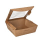 Une boîte à délices rectangulaire marron PAPSTAR (650 ml) avec une fenêtre transparente, un couvercle à charnière partiellement ouvert, présentée sur fond blanc. "100% Équitable" | 40 pièces | Marque : PAPSTAR GmbH.
