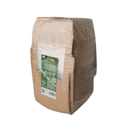 Un paquet scellé de 40 PAPSTAR boîtes à délices rectangulaires, marron avec fenêtre (650 ml), "100% Équitable" de PAPSTAR GmbH. Barquettes rectangulaires à nervures jetables en plastique transparent - emballages jetables écologiques avec étiquette produit.
