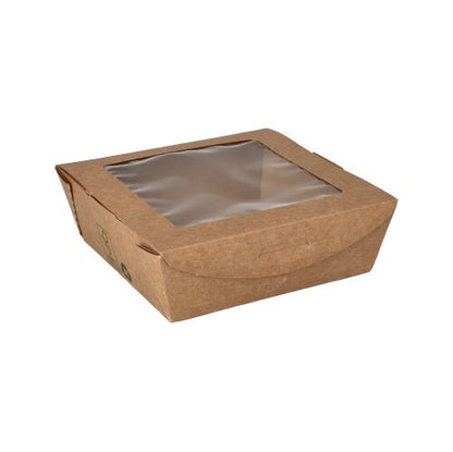 Les boîtes à délices rectangulaires PAPSTAR, marron avec fenêtre, 650 ml, "100% Équitable" (40 pièces) en film écologique de PAPSTAR GmbH sont idéales comme emballage jetable et se présentent sur fond blanc.