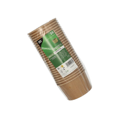 Une pile de 25 gobelets à soupe ronds marrons PAPSTAR (230 ml), idéale pour les soupes et les collations, emballée dans du plastique avec une étiquette verte et blanche contenant des informations sur le produit et des symboles de recyclage. Marque : PAPSTAR GmbH.