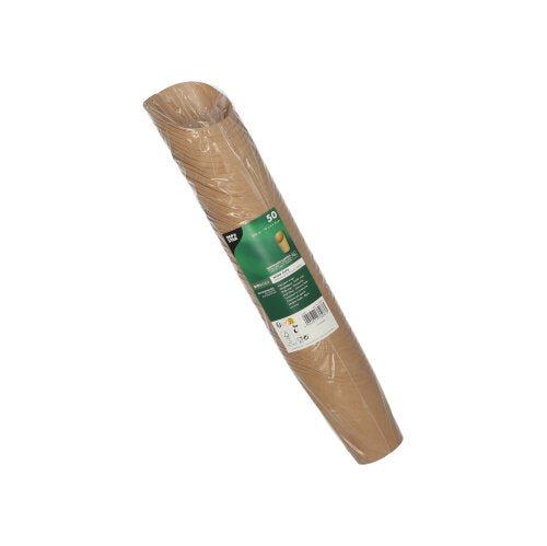 Sur un fond blanc est représenté un rouleau incliné de PAPSTAR 50 Wrap Cups (carton brun) enveloppé dans un film transparent et portant une étiquette vert-blanc de la PAPSTAR GmbH.