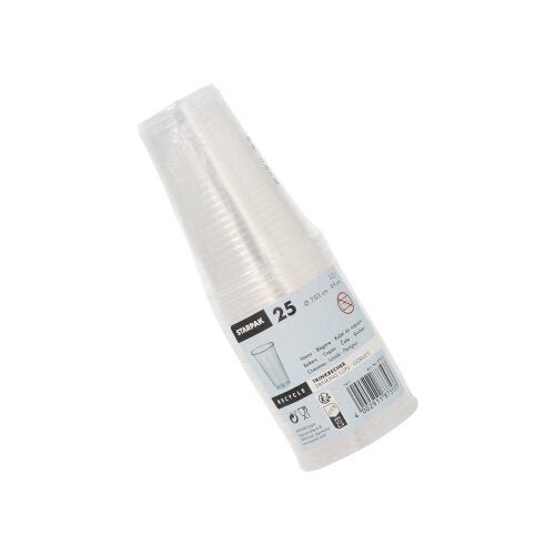 Une pile de 25 gobelets Starpak (0,2l, PP, Ø 7,03cm · 9,9cm) dans un emballage plastique transparent avec étiquette et info recyclage, illustrée sur fond blanc – idéal pour les déplacements.