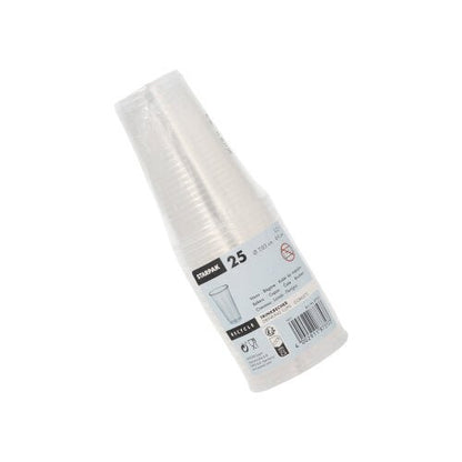 Une pile de 25 gobelets Starpak (0,2l, PP, Ø 7,03cm · 9,9cm) dans un emballage plastique transparent avec étiquette et info recyclage, illustrée sur fond blanc – idéal pour les déplacements.
