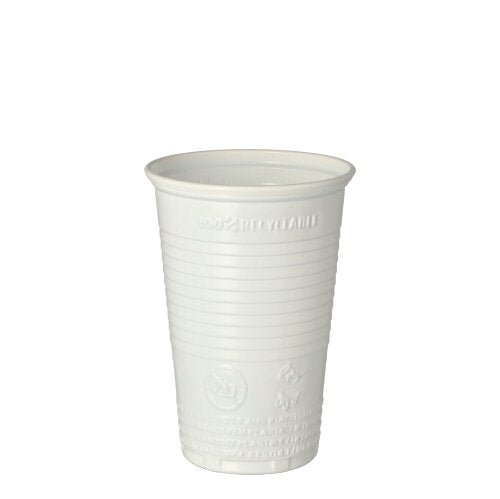 Un gobelet Starpak 25 (PP, 0,2l, Ø 7,03cm, 9,9cm de haut) est debout sur un fond blanc ; le gobelet blanc simple a des rainures horizontales et des symboles de texte/recyclage en relief – idéal pour les déplacements.
