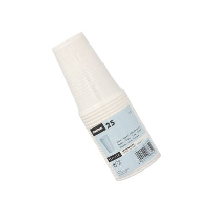 Un paquet de 25 gobelets Starpak (PP, 0,2 l, Ø 7,03 cm x 9,9 cm) en plastique transparent avec une étiquette bleu-blanc et un code-barres, idéal pour les déplacements, est illustré sur un fond blanc simple.
