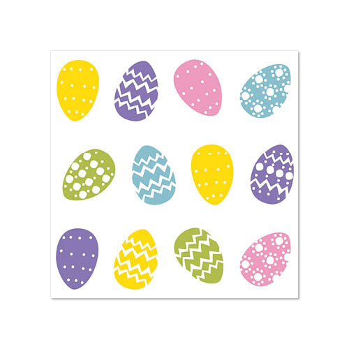 Les serviettes "Bunte Eier" (25x25 cm, 50 pièces) de PAPSTAR GmbH présentent une grille de douze œufs de Pâques colorés en jaune, violet, bleu et rose avec des motifs à pois ou en zigzag sur fond blanc - parfait pour Pâques.