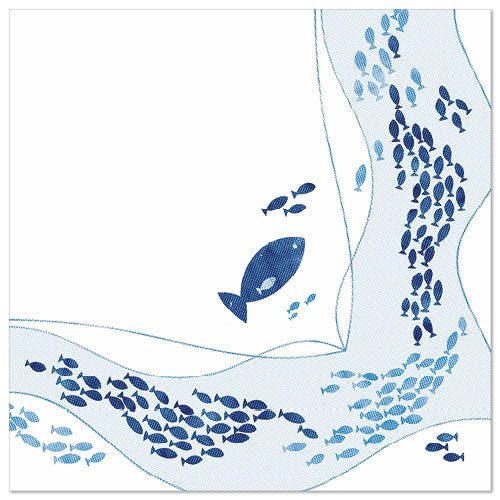 Une illustration stylisée de petits et grands poissons bleus sur fond blanc orne les PAPSTAR 50 serviettes "ROYAL Collection" 1/4 plié 40 x 40 cm design par PAPSTAR GmbH.