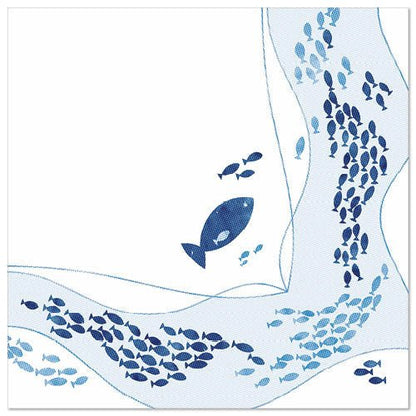 Une illustration stylisée de petits et grands poissons bleus sur fond blanc orne les PAPSTAR 50 serviettes "ROYAL Collection" 1/4 plié 40 x 40 cm design par PAPSTAR GmbH.