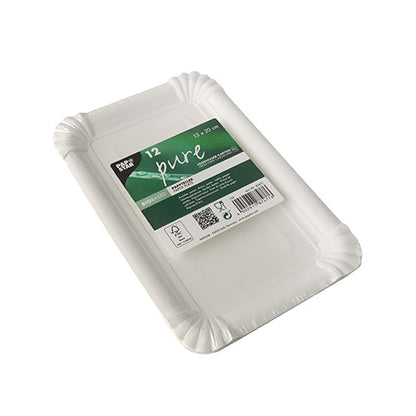Un paquet de 12 assiettes jetables rectangulaires blanches PAPSTAR "pure" (13x20 cm) pour les fêtes, avec un bord surélevé et des coins arrondis, de la société PAPSTAR GmbH. Emballage écologique sous film rétractable avec des symboles de recyclage sur l'étiquette.