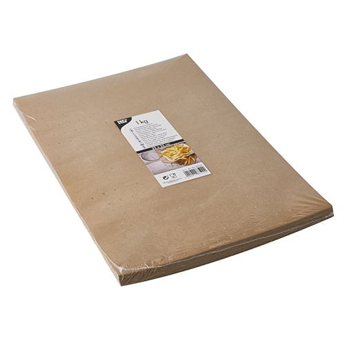 Une pile PAPSTAR Papier d'emballage, substitut de parchemin, 35 x 25 cm, résistant à la graisse, feuilles de PAPSTAR SARL, dans un emballage en plastique muni d'une étiquette blanche portant la marque, le mode d'emploi et une illustration du produit alimentaire.