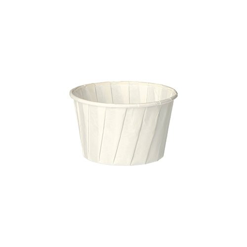 Le gobelet à vinaigrette rond PAPSTAR, 6,6 cm, blanc, papier "pure" (100 pièces) de la société PAPSTAR GmbH est un gobelet en carton plié respectueux de l'environnement pour épices ou sauces, illustré vide sur un fond blanc simple.
