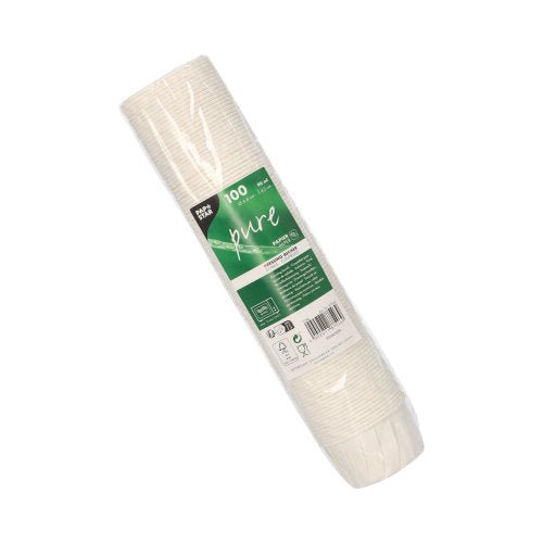 Un paquet scellé de 100 gobelets à vinaigrette PAPSTAR ronds, 6,6 cm, blanc, papier "pure" de PAPSTAR GmbH - idéal pour un service respectueux de l'environnement ; chaque gobelet contient 90 ml et l'étiquette vert-blanc présente des informations sur le produit.