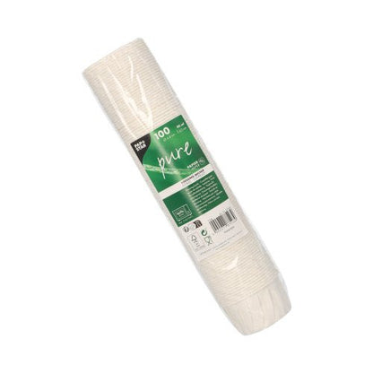 Un paquet scellé de 100 gobelets à vinaigrette PAPSTAR ronds, 6,6 cm, blanc, papier "pure" de PAPSTAR GmbH - idéal pour un service respectueux de l'environnement ; chaque gobelet contient 90 ml et l'étiquette vert-blanc présente des informations sur le produit.