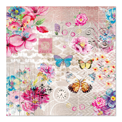 Les serviettes PAPSTAR 20, 33 cm x 33 cm, 3 plis, Set 2 de PAPSTAR GmbH présentent un collage vibrant de fleurs, de papillons et de motifs vintage sur un fond texturé - parfait pour embellir n'importe quelle table.