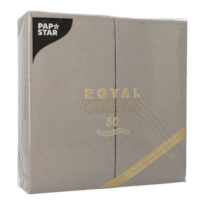 Un paquet scellé avec 50 serviettes grises PAPSTAR de la « ROYAL Collection », 1/8 pli, 40 x 40 cm – idéales pour des tables élégamment dressées.
