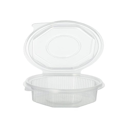 Les gobelets d'emballage Starpak 50 à couvercle rabattable sont des gobelets octogonaux transparents en polypropylène, dotés d'un couvercle rabattable pratique ; ils sont représentés ici ouverts sur un fond blanc.