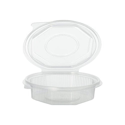 Les gobelets d'emballage Starpak 50 à couvercle rabattable sont des gobelets octogonaux transparents en polypropylène, dotés d'un couvercle rabattable pratique ; ils sont représentés ici ouverts sur un fond blanc.